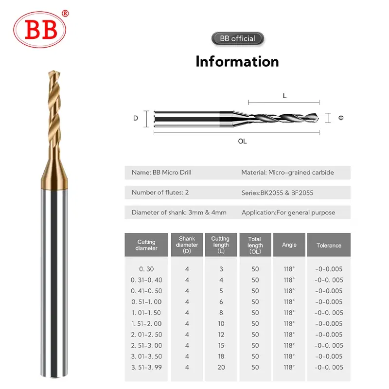Hole Diameter: 3mm - BB 2.03-3.75mm Micro Drill Mini Coated Solid Carbide Bit Metal Iron Steel Hole Drilling 3xD Cutting Length D=4mm CNC Tool 1pcs