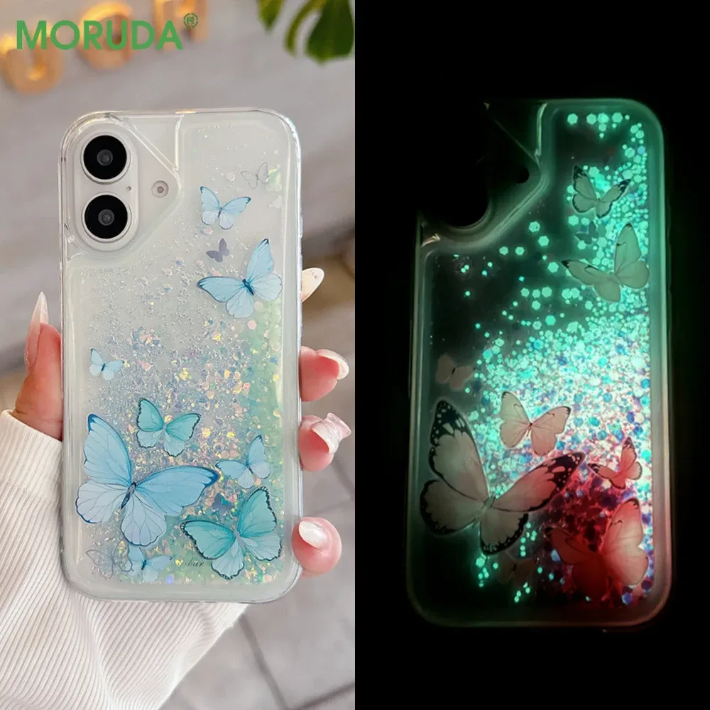 Color: Blue, Material: Plastic - Luminous Quicksand Glitter Butterfly Case for iPhone 16 15 14 Pro Max Plus 13 12 Mini 11 X Xs XR Soft Silicone Bling Shiny Cover