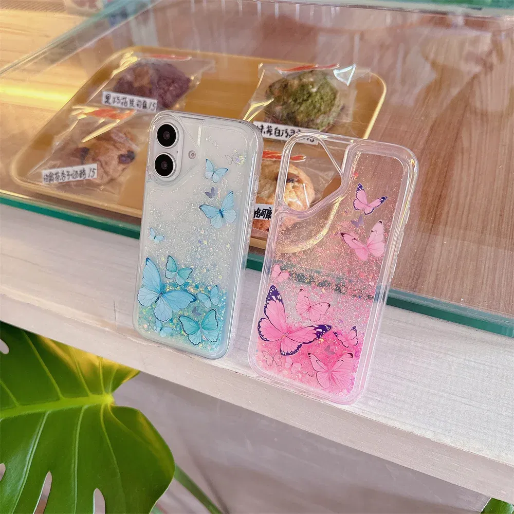 Color: Blue, Material: Plastic - Luminous Quicksand Glitter Butterfly Case for iPhone 16 15 14 Pro Max Plus 13 12 Mini 11 X Xs XR Soft Silicone Bling Shiny Cover