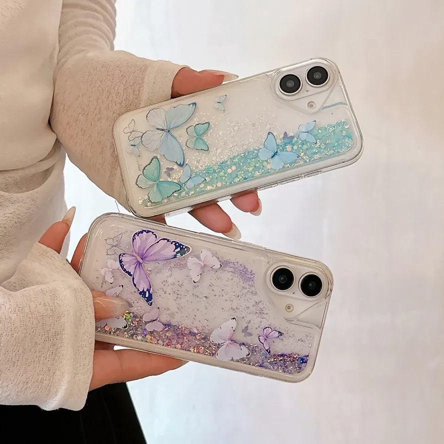 Color: Blue, Material: Plastic - Luminous Quicksand Glitter Butterfly Case for iPhone 16 15 14 Pro Max Plus 13 12 Mini 11 X Xs XR Soft Silicone Bling Shiny Cover