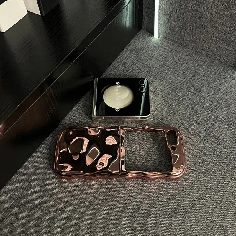 Color: Beige, Material: aluminum - Cartoon Stone Pattern Gloss Wave Case for Samsung Galaxy Z Flip 6 5 flip6 Plating Meteorite Soft TPU Shockproof Ins Korean Cover