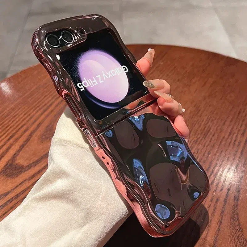 Color: Beige, Material: aluminum - Cartoon Stone Pattern Gloss Wave Case for Samsung Galaxy Z Flip 6 5 flip6 Plating Meteorite Soft TPU Shockproof Ins Korean Cover