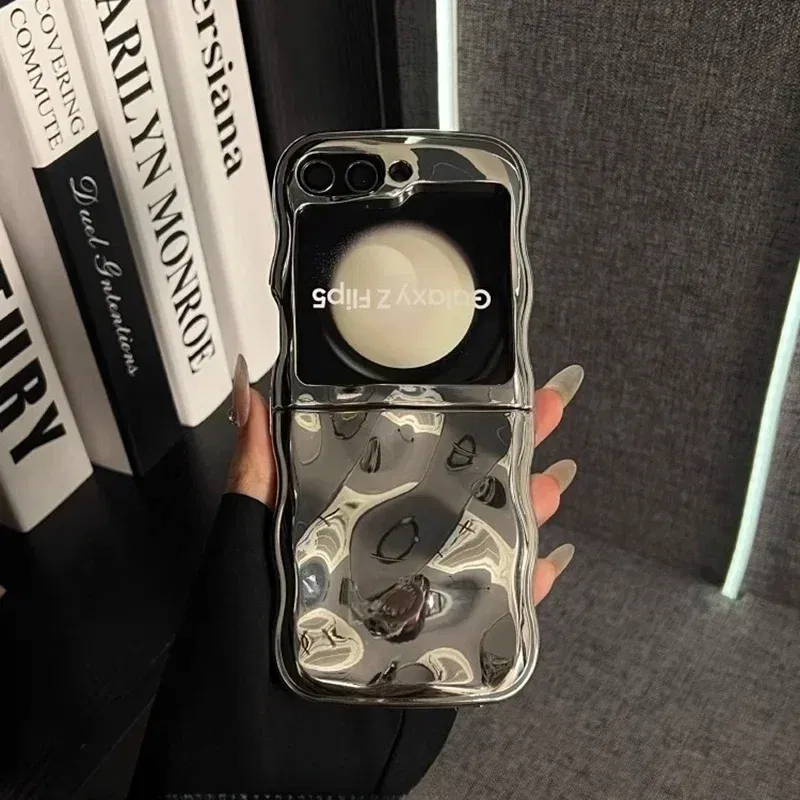 Color: Beige, Material: aluminum - Cartoon Stone Pattern Gloss Wave Case for Samsung Galaxy Z Flip 6 5 flip6 Plating Meteorite Soft TPU Shockproof Ins Korean Cover