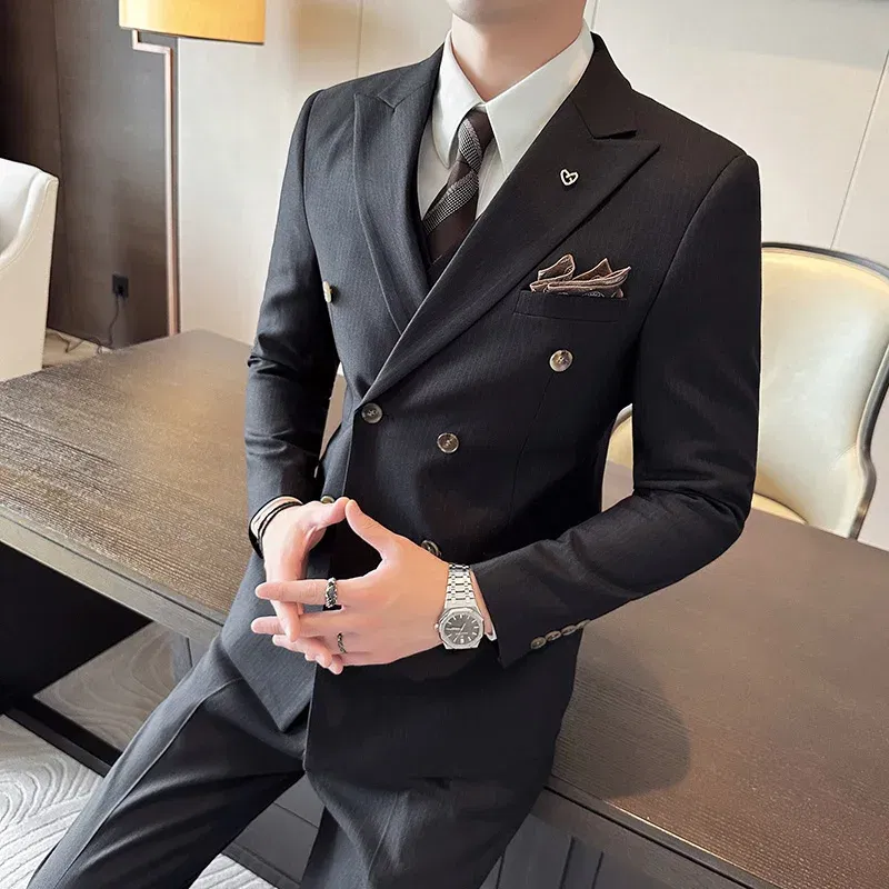 Color: black, Size: L - 2025 Men's Double Breasted 3/2 Piece Business Casual Wedding Dress Suit with  Trousers Regular Fit Bridegroom High Sense