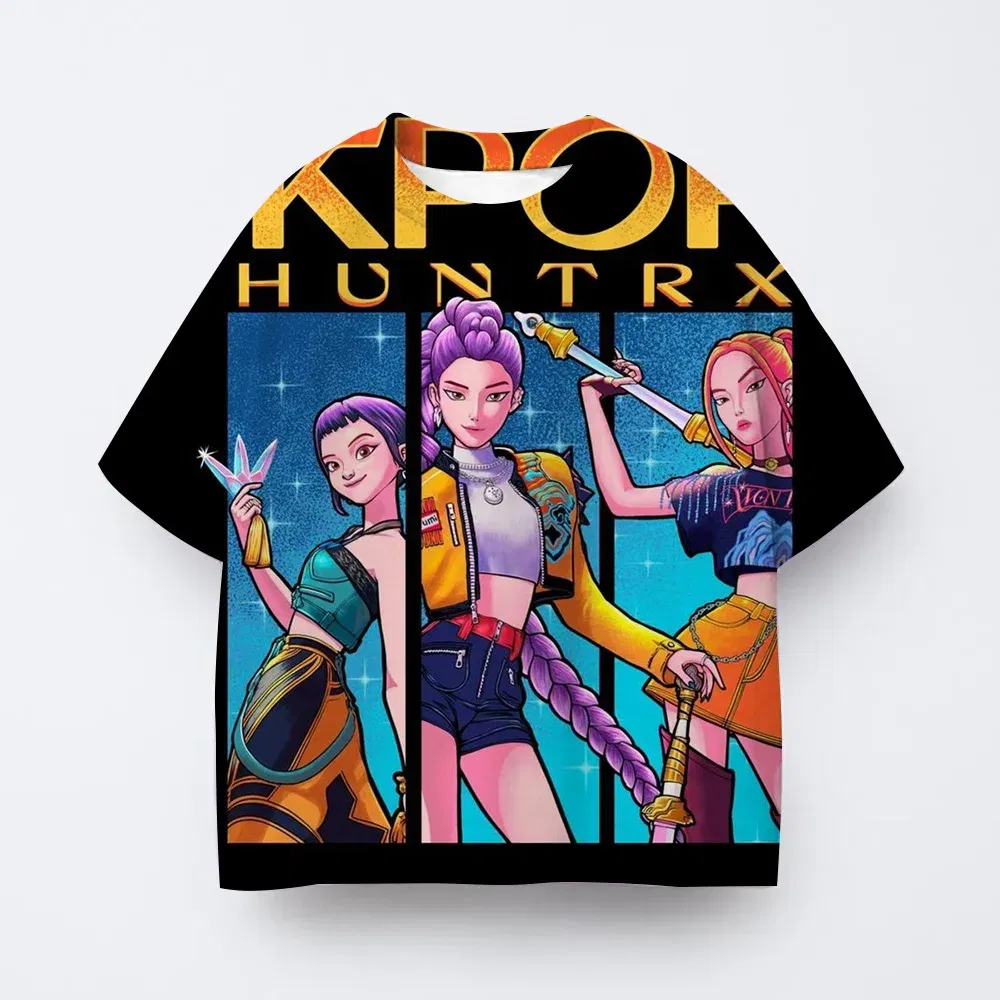 Color: Beige, Kid Size: 4T - T-shirt anime Kpop witch hunting group 3D printing children's T-shirt fashion casual cartoon T-shirt girls' children's clothing