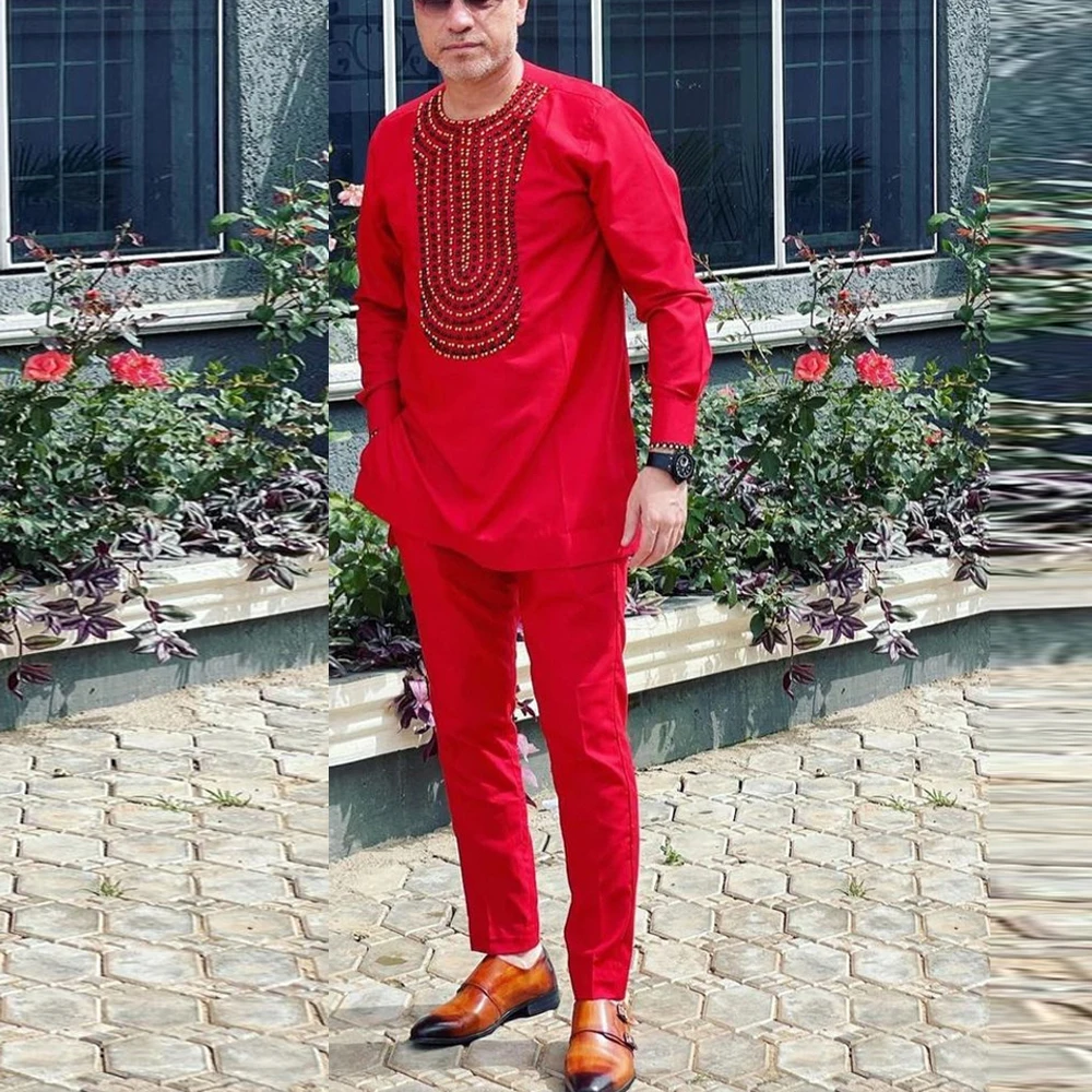 Color: Gold, Size: 4XL - New Kaunda Boutique Men's Set Fashionable Red Luxury Grand Round Neck Embroidery Slim Fit Two Piece Wedding Festival Set