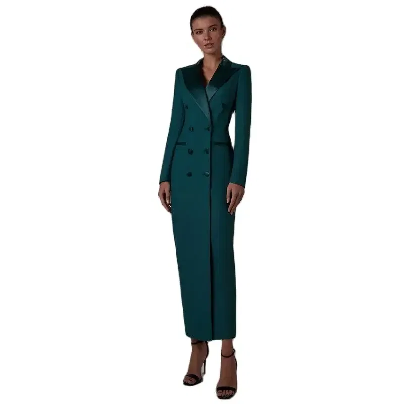 Color: Turquoise, Size: L - Women's Suit Long Jacket One Piece Blazer Double Breasted Formal Tuxedo Party Dress кос?‚юм ?¶?µнский