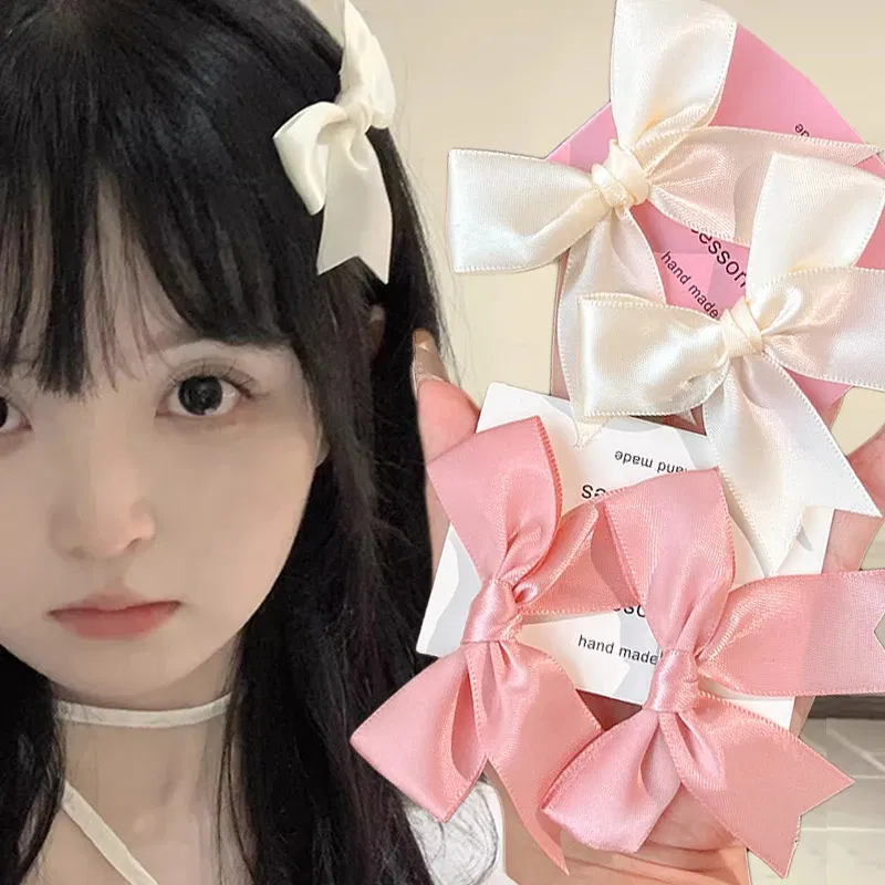 Color: Silver - 2pcs Korean Pink Bowknot Hairpins for Girls Summer New Cute Bangs Hair Clips Hairslide Headwear Hair Accessories for Children