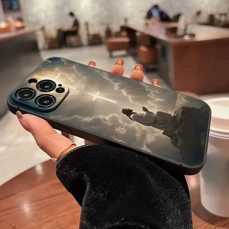 Color: SKY BLUE, Compatible-Phone Models: For iPhone 16 Plus - Jesus Cross Painted Phone Case For iPhone 16 15 14 13 12 11 Pro Max XS X XR 7 8 Plus Mini SE 2020 2022