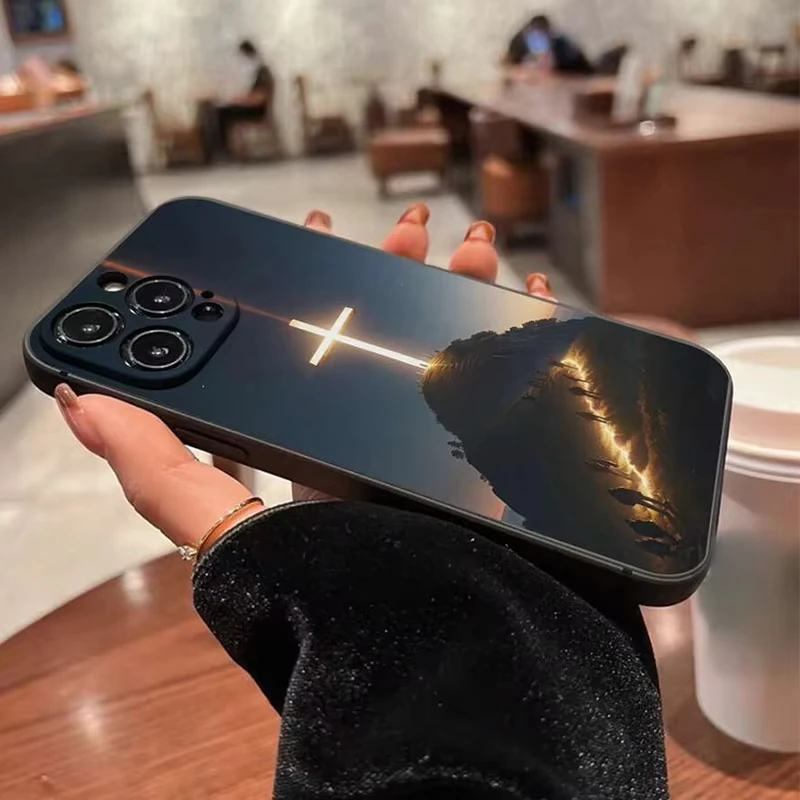 Color: SKY BLUE, Compatible-Phone Models: For iPhone 16 Plus - Jesus Cross Painted Phone Case For iPhone 16 15 14 13 12 11 Pro Max XS X XR 7 8 Plus Mini SE 2020 2022