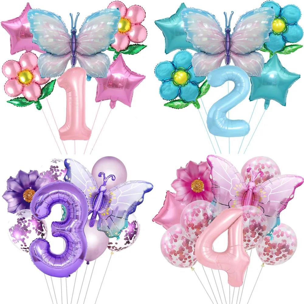 Color: Chocolate - Butterfly Balloon Set 32/40inch Number Balloon Princess Garden Decoration Girl Fairy Birthday Party Balloon