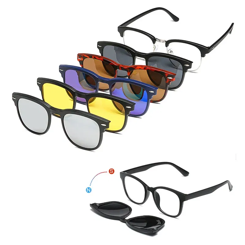 Lenses Color: GRAY, Ships From: CHINA, Frame Color: WHITE - 6 In 1 Spectacle Frame Men Women With 5 PCS Clip On Polarized Sunglasses Magnetic Glasses Male Computer Optical 2201