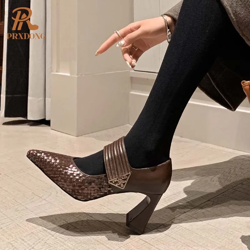 Color: black, Shoe Size: 35 - PRXDONG Genuine Leather Women Pumps 2025 New Spring Summer High Heels Pointed toe Black Brown Dress Party Female Shoes Size 40