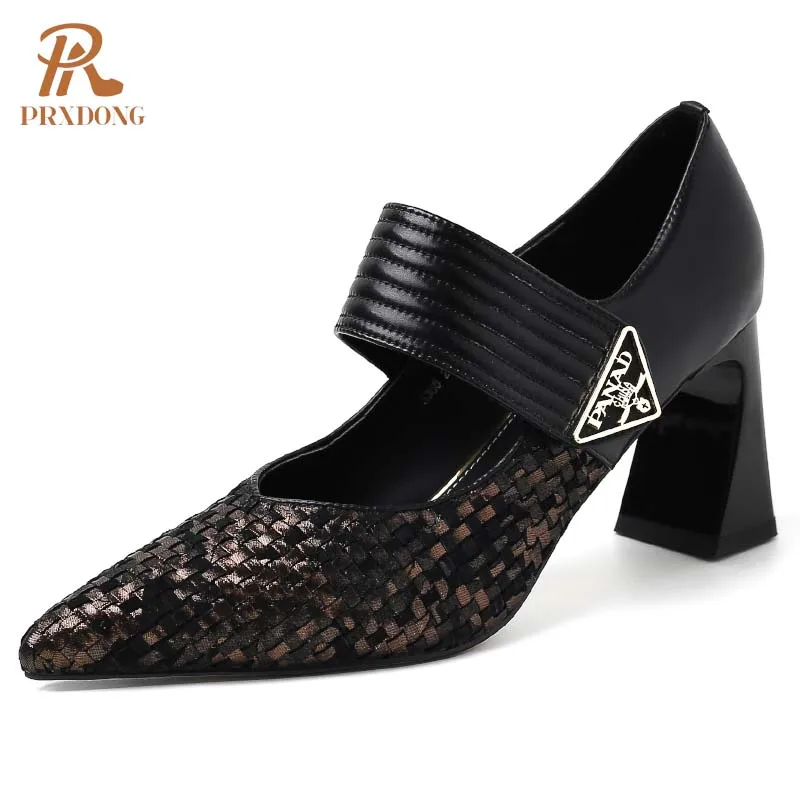 Color: black, Shoe Size: 35 - PRXDONG Genuine Leather Women Pumps 2025 New Spring Summer High Heels Pointed toe Black Brown Dress Party Female Shoes Size 40