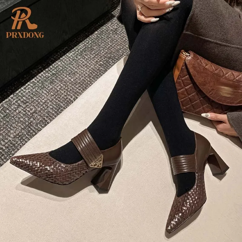 Color: black, Shoe Size: 35 - PRXDONG Genuine Leather Women Pumps 2025 New Spring Summer High Heels Pointed toe Black Brown Dress Party Female Shoes Size 40