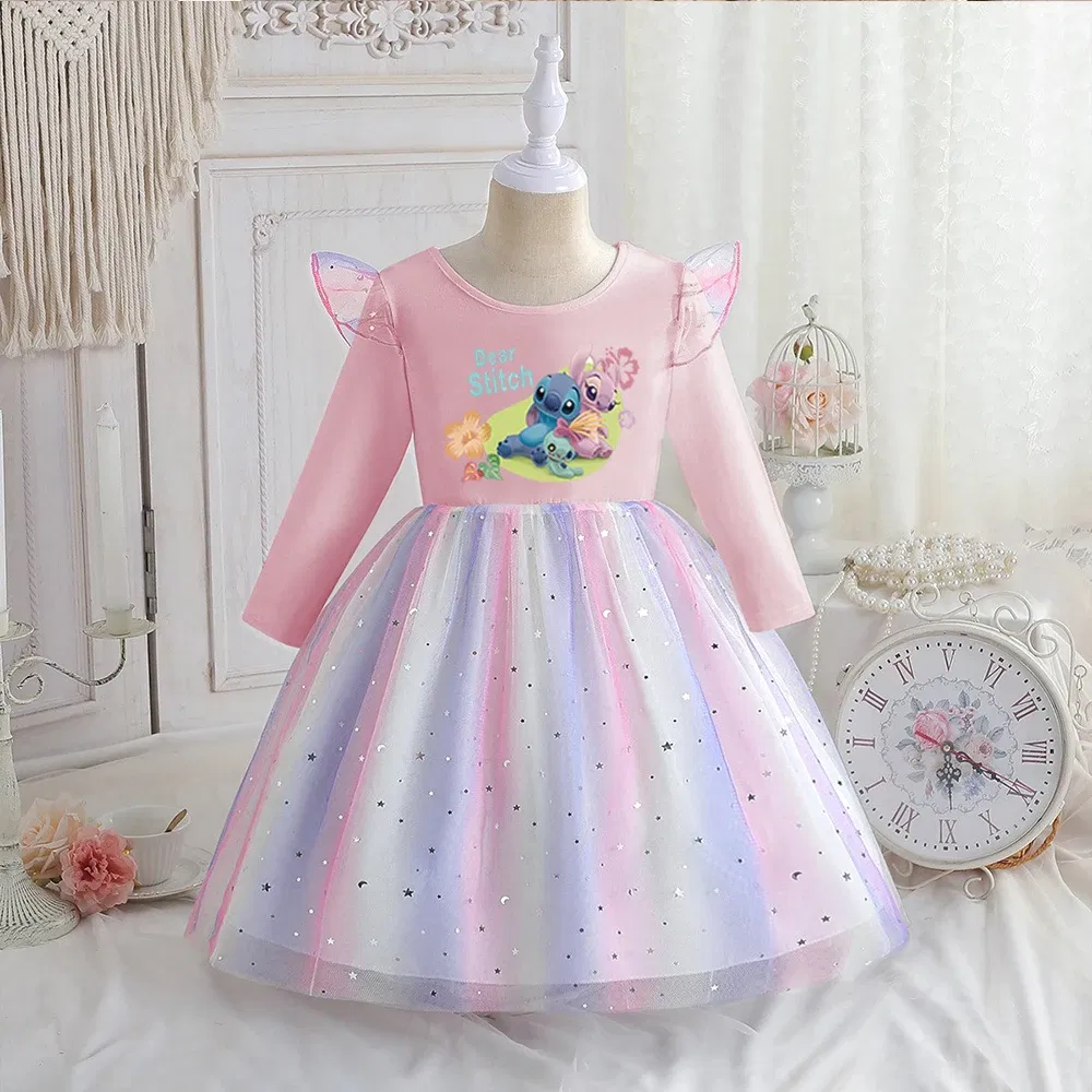 Color: GRAY, Kid Size: 4T - Stitch Princess Dress Autumn New Disney Baby Girls Dress Spring Autumn Long-sleeved For Children Kids Clothes Birthday Party
