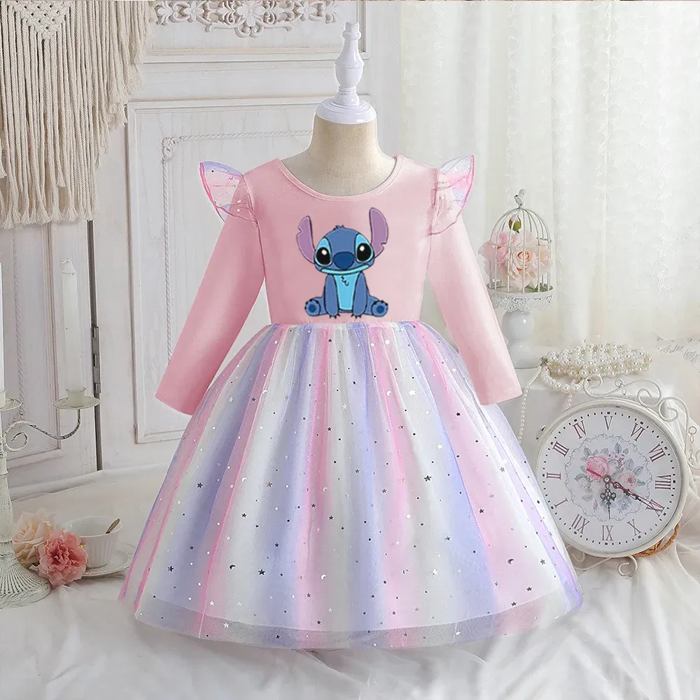 Color: GRAY, Kid Size: 4T - Stitch Princess Dress Autumn New Disney Baby Girls Dress Spring Autumn Long-sleeved For Children Kids Clothes Birthday Party