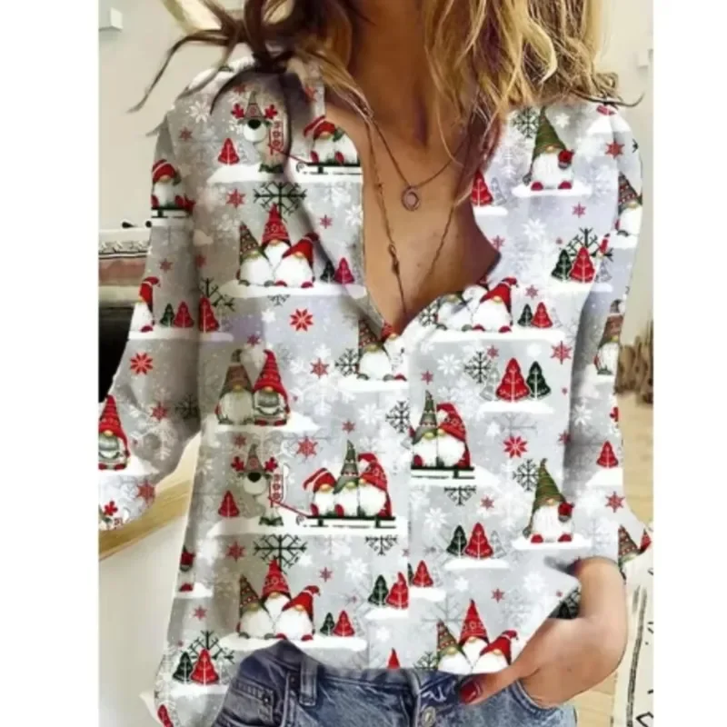 Color: Brown, Size: 4XL, Ships From: CHINA - Women New Christmas Shirt Cute Christmas Tree Santa Claus Print Blouses Casual Long Sleeve Button Tops Autumn Blouses Ladies