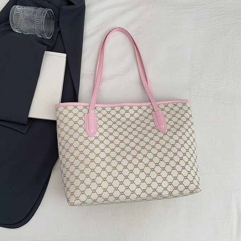 Color: Pink - Fashion Women's Tote Bag Large Capacity Textile Printed Shoulder Bag,Lightweight&Durable with Smooth Zipper for Travel/Daily Use