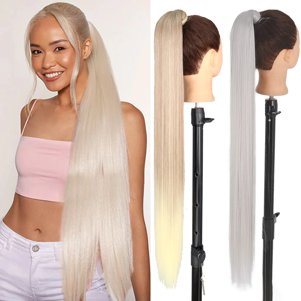 Color: #18, Stretched Length: 34inches - AZQUEEN Straight Synthetic Hairpiece With Ponytail 85cm Super Long Wrap Around Clip In Hair Extensions Pony Tail For Daily Wear