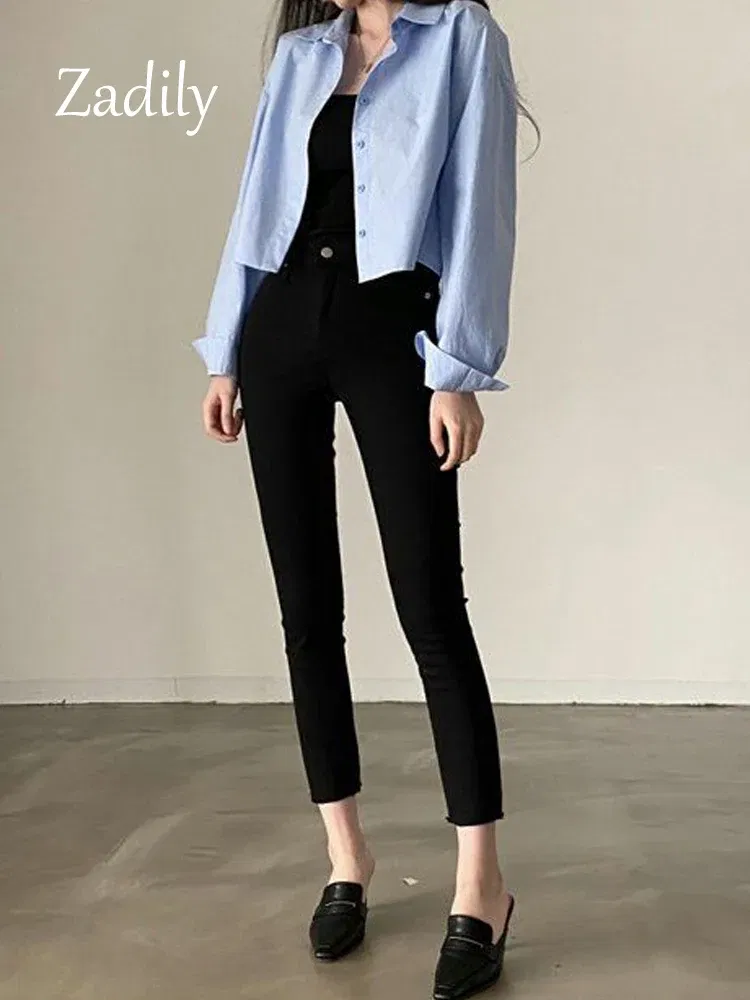 Color: Beige, Size: XXL - Zadily 2023 Spring New Casual Long Sleeve Women White Shirt Korea Style Solid Button Split Woman Crop Tops Blouse Party Clothing