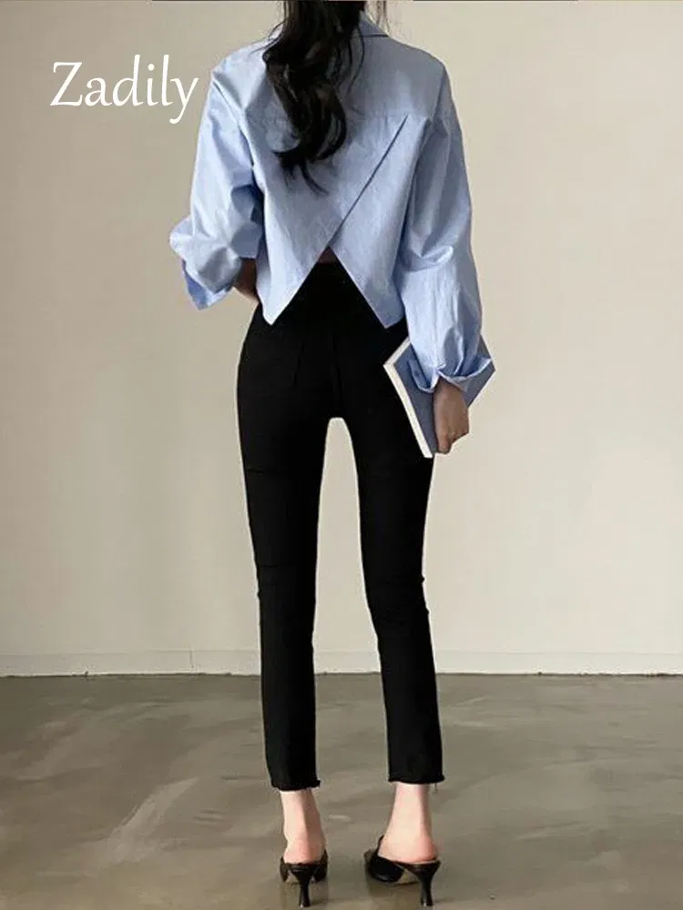 Color: Beige, Size: XXL - Zadily 2023 Spring New Casual Long Sleeve Women White Shirt Korea Style Solid Button Split Woman Crop Tops Blouse Party Clothing