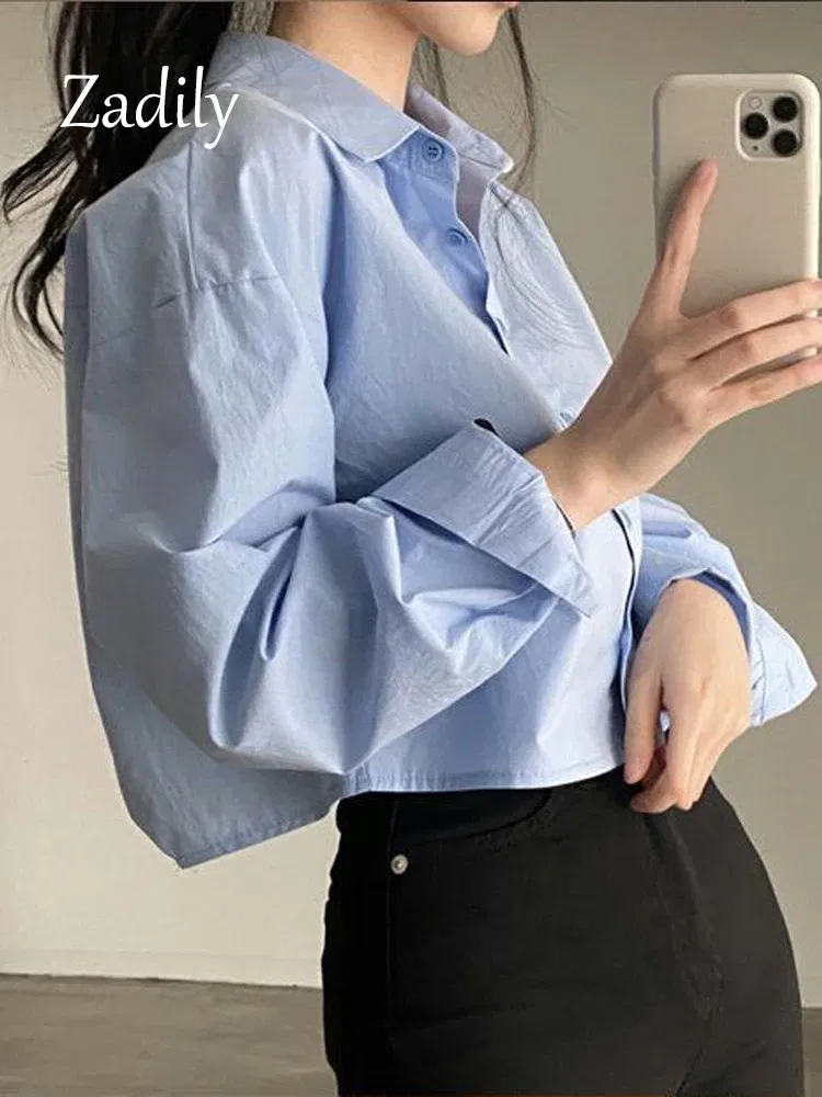 Color: Beige, Size: XXL - Zadily 2023 Spring New Casual Long Sleeve Women White Shirt Korea Style Solid Button Split Woman Crop Tops Blouse Party Clothing