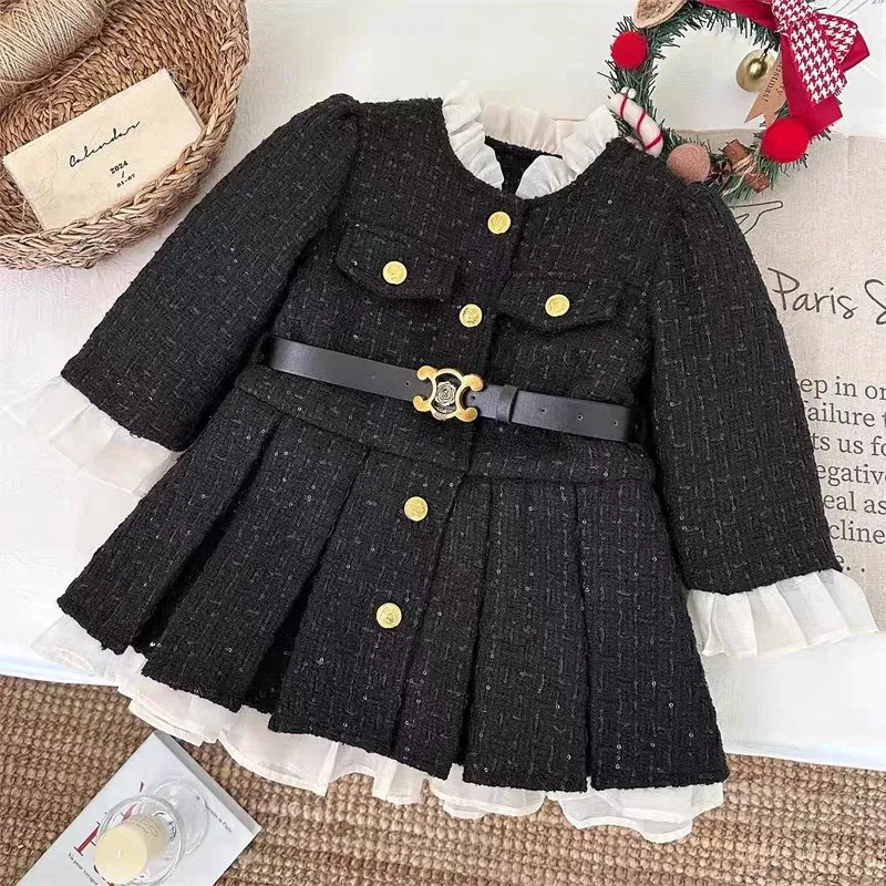 Color: Beige, Kid Size: 3T - 2025 Fall Winter Girls' Fleece-Lined Dress Plush Cotton Padded Party Dress Chic Tweed A-Line Outfit Warm Elegant Toddler Gown