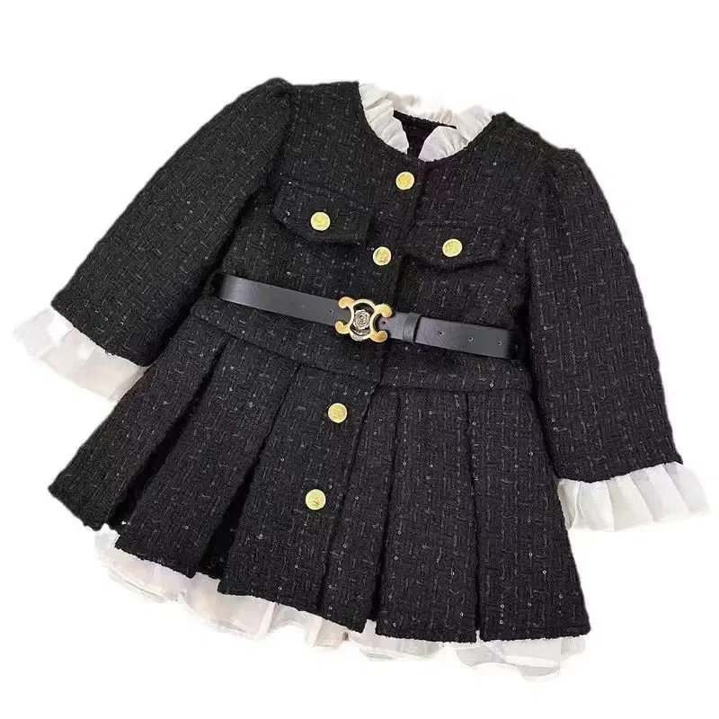 Color: Beige, Kid Size: 3T - 2025 Fall Winter Girls' Fleece-Lined Dress Plush Cotton Padded Party Dress Chic Tweed A-Line Outfit Warm Elegant Toddler Gown