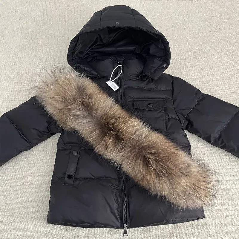 Color: green, Kid Size: 4 - Kids Winter Down Jacket Shiny Real Raccoon Fur Collar Toddler Boys Hooded Coat Baby Girls Warm Snowsuit Children's Parkas