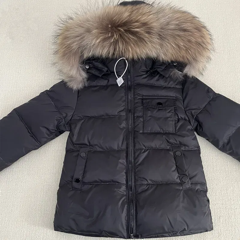 Color: green, Kid Size: 4 - Kids Winter Down Jacket Shiny Real Raccoon Fur Collar Toddler Boys Hooded Coat Baby Girls Warm Snowsuit Children's Parkas