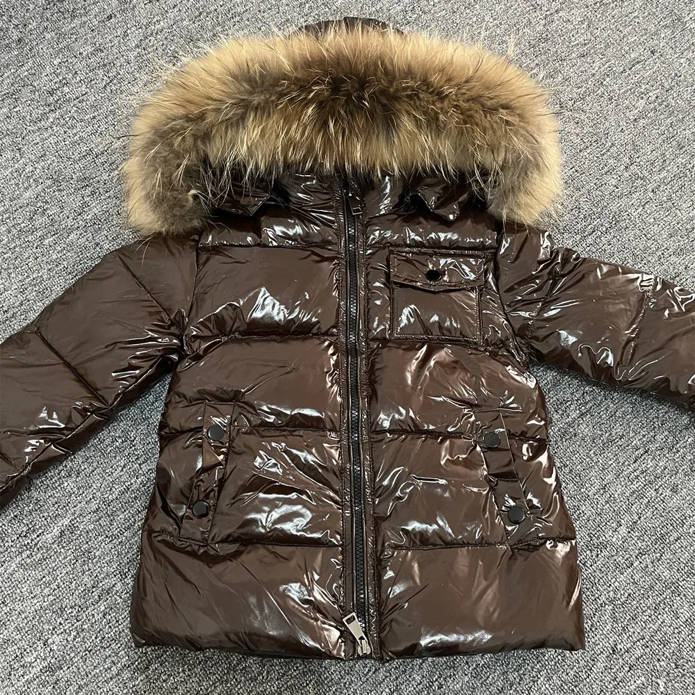 Color: green, Kid Size: 4 - Kids Winter Down Jacket Shiny Real Raccoon Fur Collar Toddler Boys Hooded Coat Baby Girls Warm Snowsuit Children's Parkas