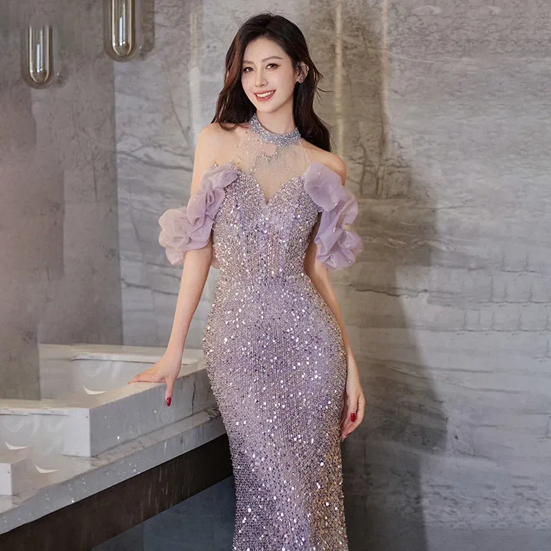 Color: Beige, Size: XS - High-End Neck Evening Dress New Entry Luxury Niche Banquet Elegant Usually Wearing Sequin Fishtail Dress Princess Sleeve Women's