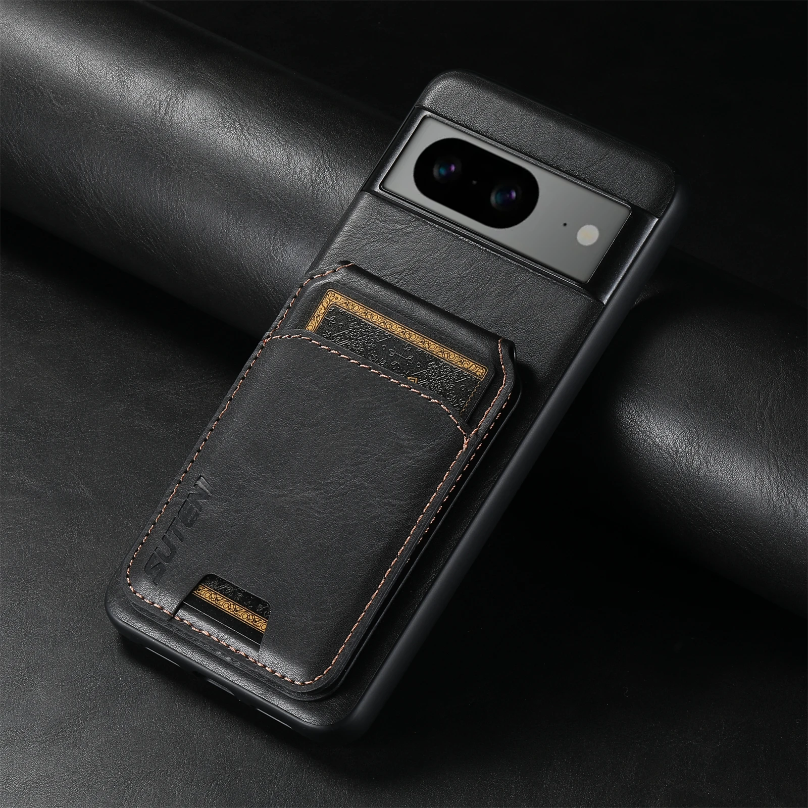 Color: black, Material: aluminum - SUTENI Card Holder Leather Pocket Wallet Phone Case Stand For Google Pixel 8A 8Pro 7 7Pro 7A 6 6Pro 6A