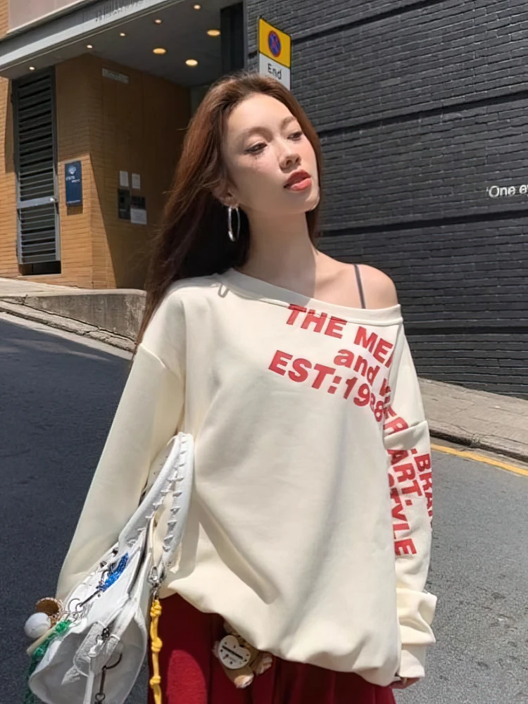 Color: WHITE, Size: XS - Y2k Sexy Oversize T shirt Women Streetwear Print Long sleeve Basic Top Lady Fall Winter Korean Fashion Oversized Tees Shirt