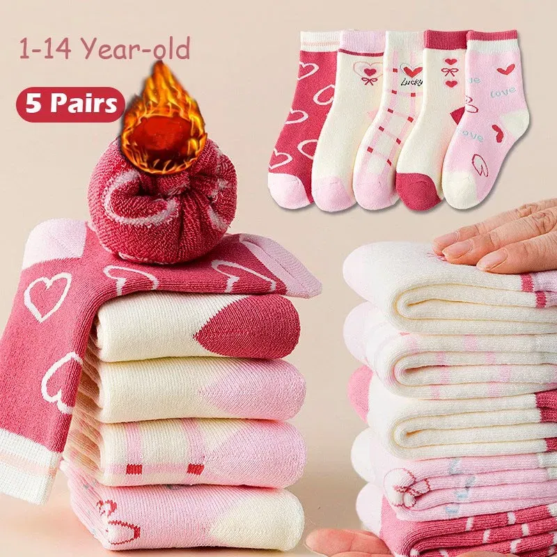 Color: Beige, Size: 10-12T - Girls Winter Socks 5 Pairs Baby Cute Color Princess Pink Thick Cotton Socks Children Warm Winter Socks