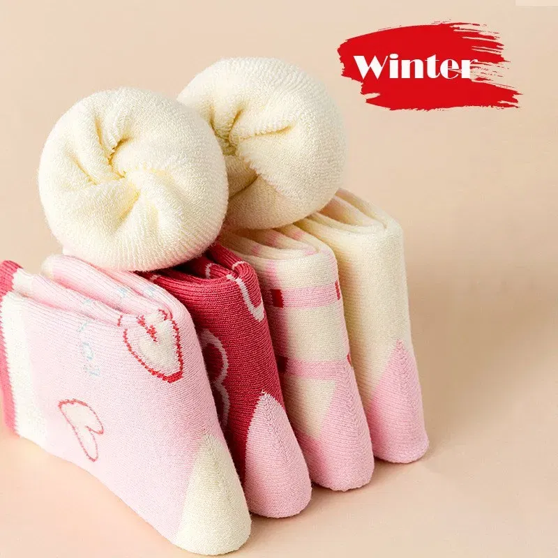 Color: Beige, Size: 10-12T - Girls Winter Socks 5 Pairs Baby Cute Color Princess Pink Thick Cotton Socks Children Warm Winter Socks