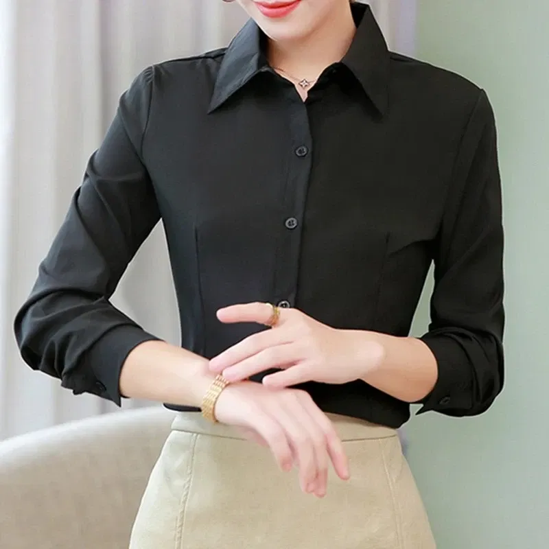 Color: Pink, Size: L - Elegant Women Shirts Woman White Shirt Long Sleeve Blouse Office Lady business Pink Shirts Button Solid Women work Blouses Tops