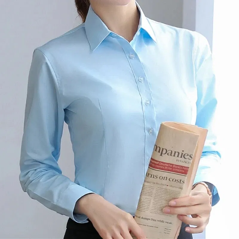 Color: Pink, Size: L - Elegant Women Shirts Woman White Shirt Long Sleeve Blouse Office Lady business Pink Shirts Button Solid Women work Blouses Tops