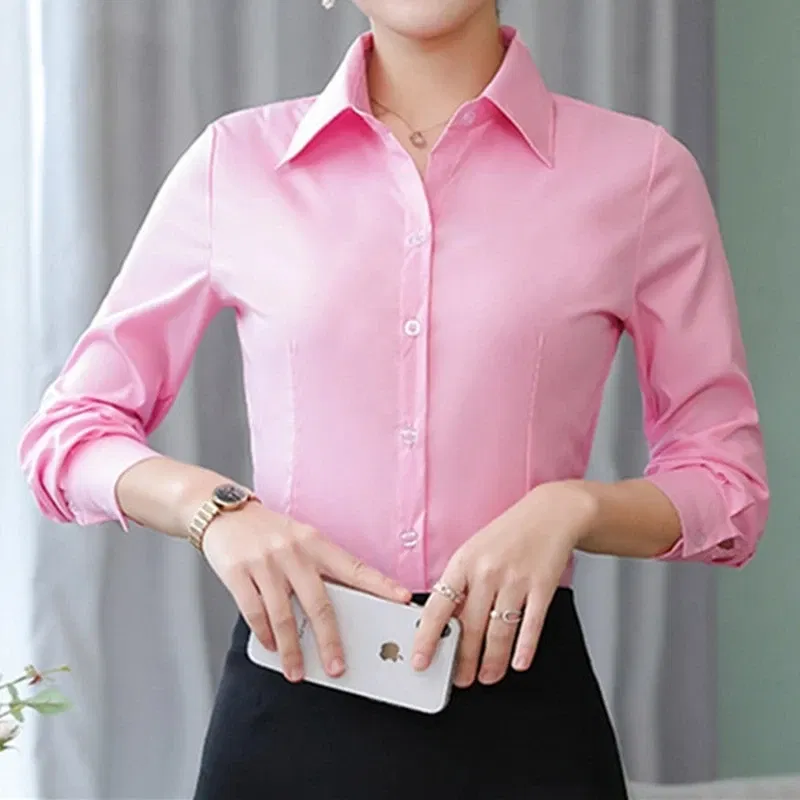 Color: Pink, Size: L - Elegant Women Shirts Woman White Shirt Long Sleeve Blouse Office Lady business Pink Shirts Button Solid Women work Blouses Tops