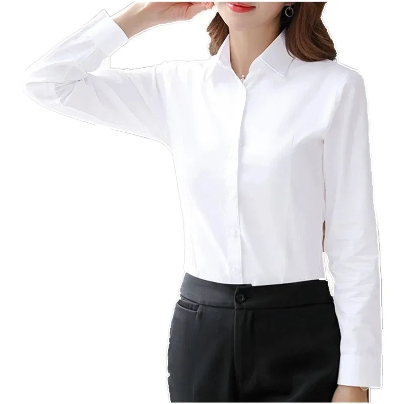 Color: Pink, Size: L - Elegant Women Shirts Woman White Shirt Long Sleeve Blouse Office Lady business Pink Shirts Button Solid Women work Blouses Tops