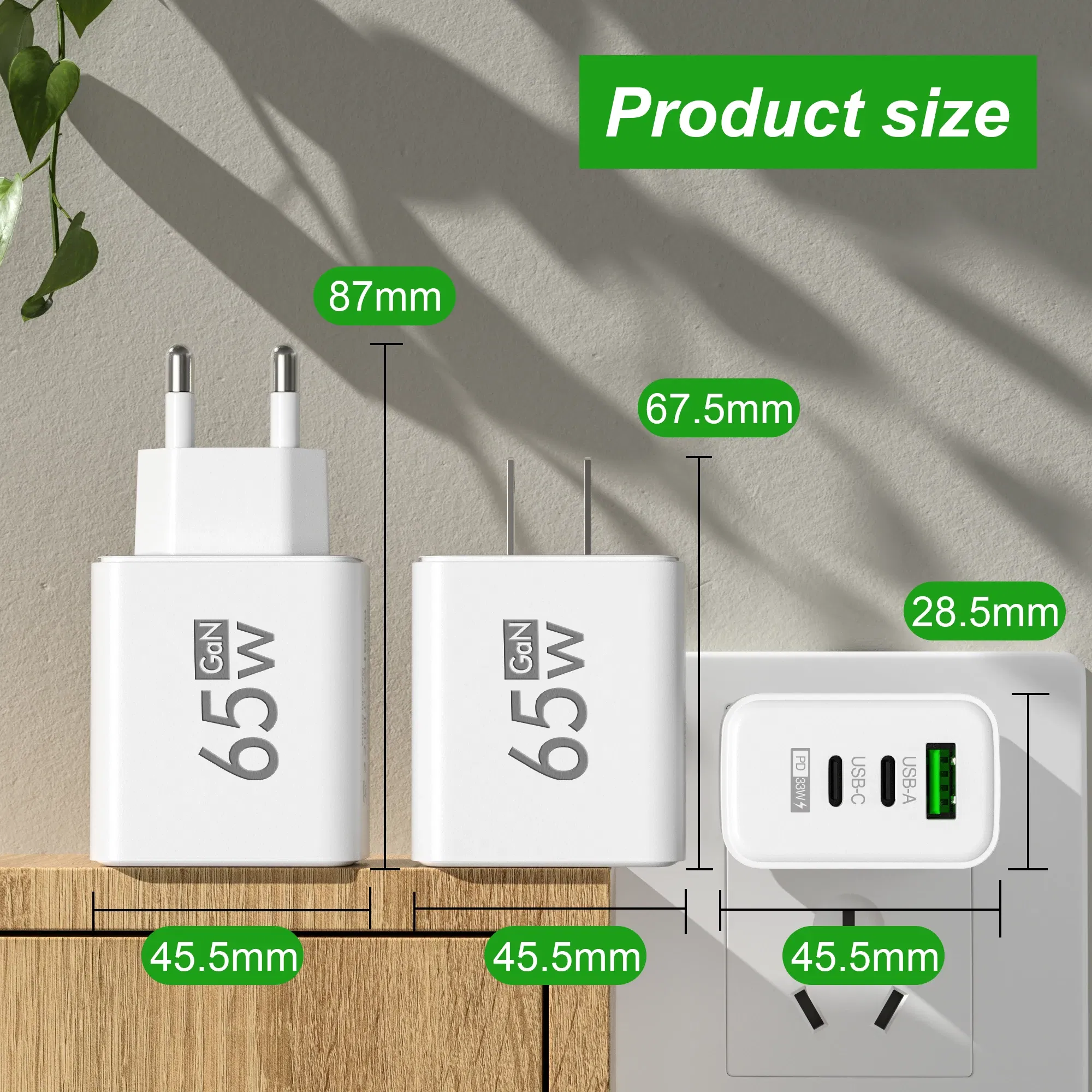 Plug Type: DE - 65W PD USB GaN Charger 3 Ports Fast Charging Mobile Phone Charger Wall Adapter For IPhone15 Samsung Xiaomi Redmi EU/US/UK Plug