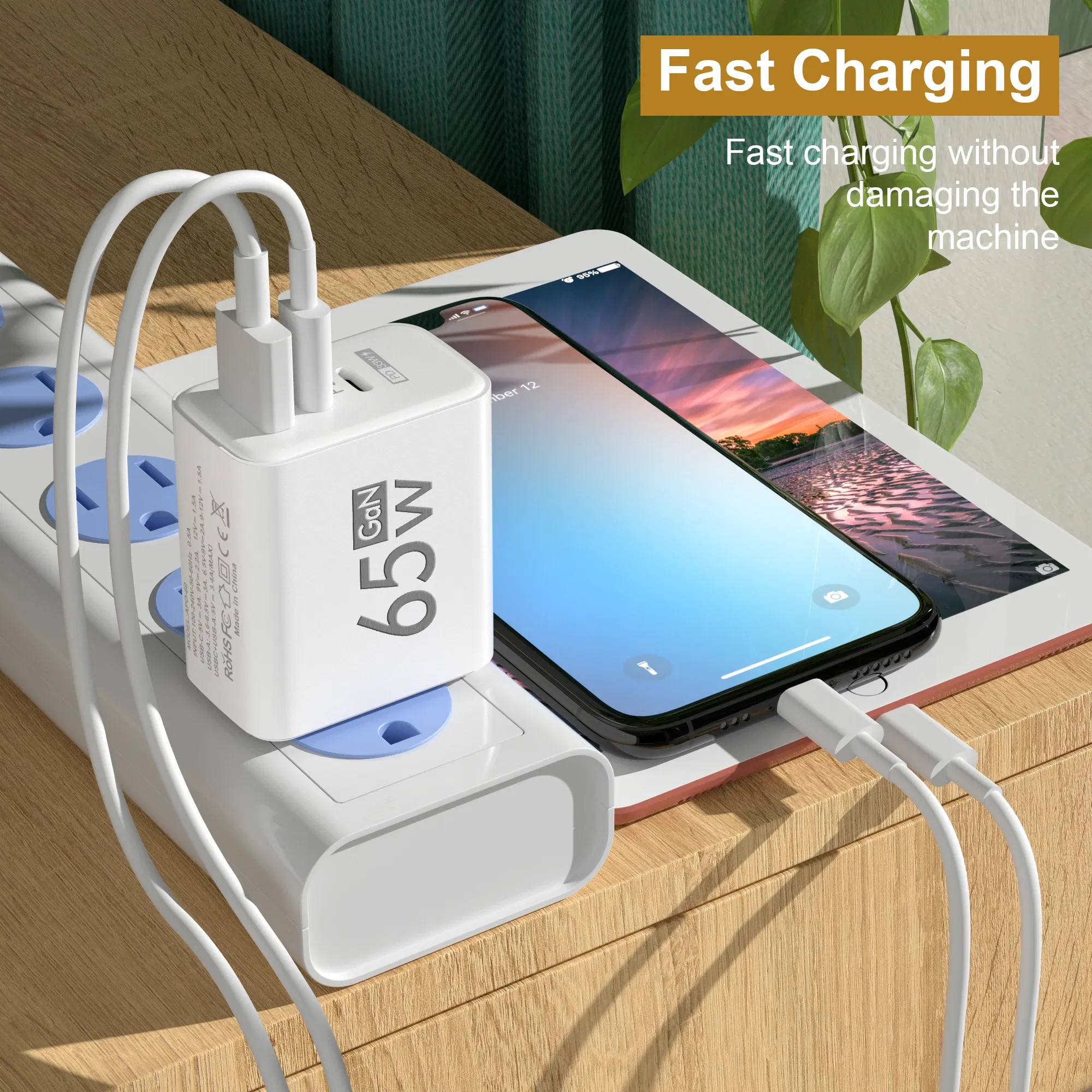Plug Type: DE - 65W PD USB GaN Charger 3 Ports Fast Charging Mobile Phone Charger Wall Adapter For IPhone15 Samsung Xiaomi Redmi EU/US/UK Plug