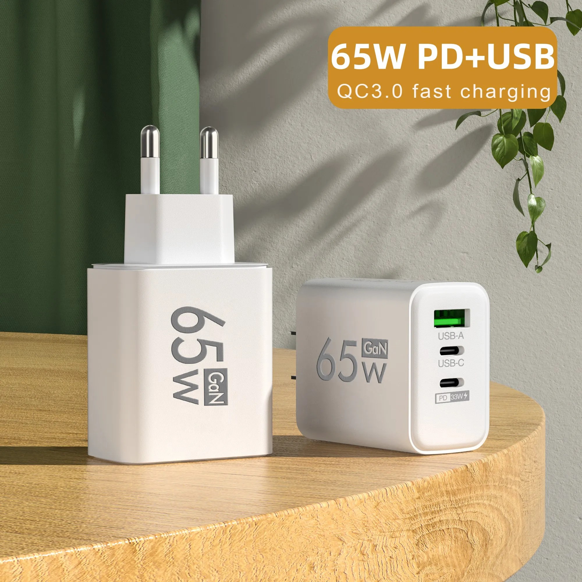 Plug Type: DE - 65W PD USB GaN Charger 3 Ports Fast Charging Mobile Phone Charger Wall Adapter For IPhone15 Samsung Xiaomi Redmi EU/US/UK Plug