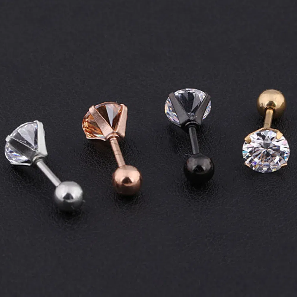 Metal Color: Light Yellow Gold Color, Main Stone Color: Red - 1Pc Small Round Cz Tragus Cartilage Titanium Steel 16G 4 Prong Ear Stud Earrings Tragus Helix Piercing Jewelry Sexy Body Jewelry