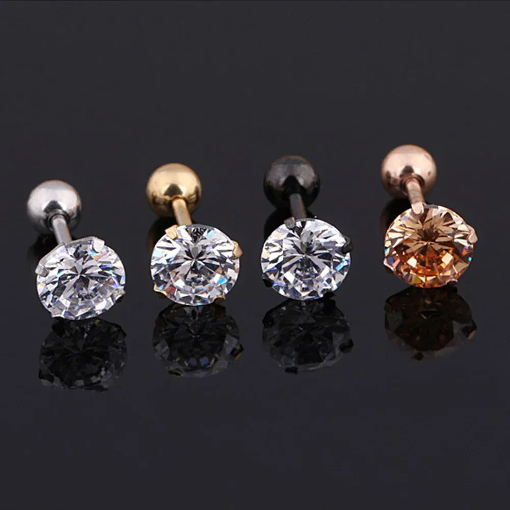 Metal Color: Light Yellow Gold Color, Main Stone Color: Red - 1Pc Small Round Cz Tragus Cartilage Titanium Steel 16G 4 Prong Ear Stud Earrings Tragus Helix Piercing Jewelry Sexy Body Jewelry