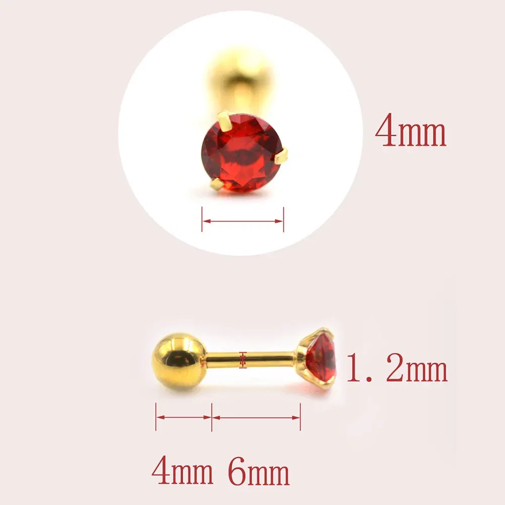 Metal Color: Light Yellow Gold Color, Main Stone Color: Red - 1Pc Small Round Cz Tragus Cartilage Titanium Steel 16G 4 Prong Ear Stud Earrings Tragus Helix Piercing Jewelry Sexy Body Jewelry