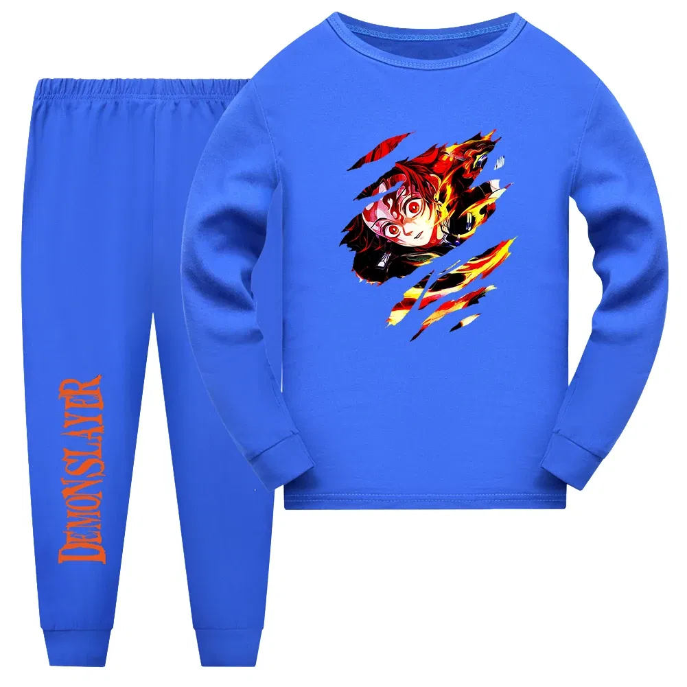 Color: Khaki, Kid Size: 11 - Demon Slayer Sleepwear Kamado Tanjirou Kamado Nezuko Agatsuma Zenitsu Children's Homewear Suit Long-sleeve Two-piece Pajamas Set
