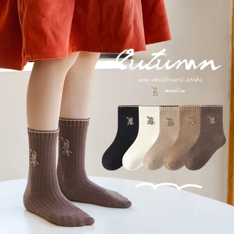 Color: SKY BLUE, Size: 10-12T - Autumn Socks Baby 5 Pairs Cartoon Bunny Pattern Socks Girls Calf Length Children Socks Solid Cotton Socks