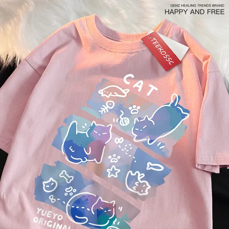 Color: black, Size: L - Fun Mischievous Cat Print Japanese Style T-Shirts Men Women Fashion Tshirs Breathable Summer T-Shirts Cotton Loose Tee Clothes